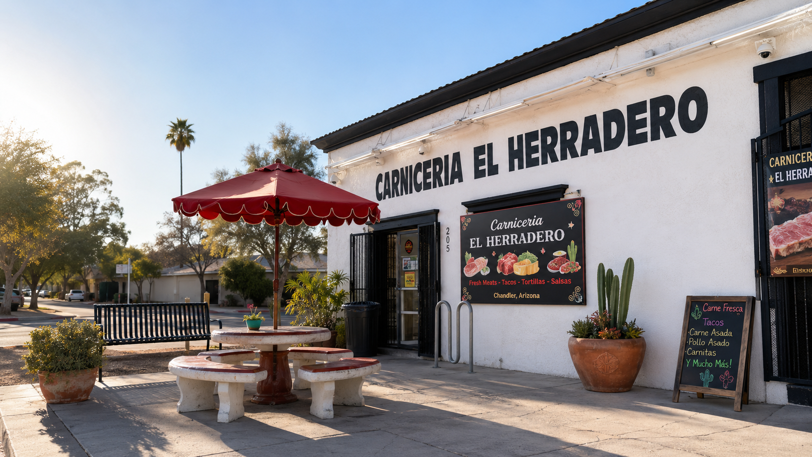 Carnicería El Herradero storefront in Chandler, Arizona at golden hour