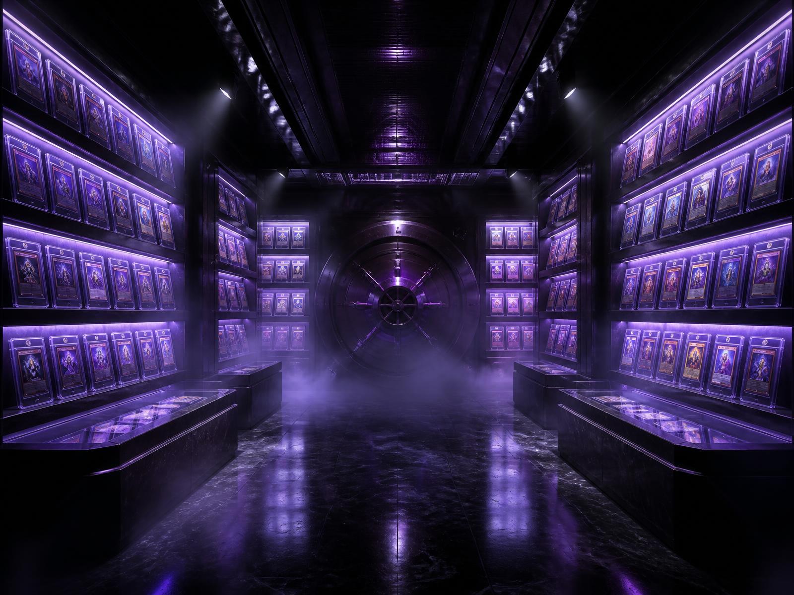 Vault shelves lined with glowing graded card slabs
