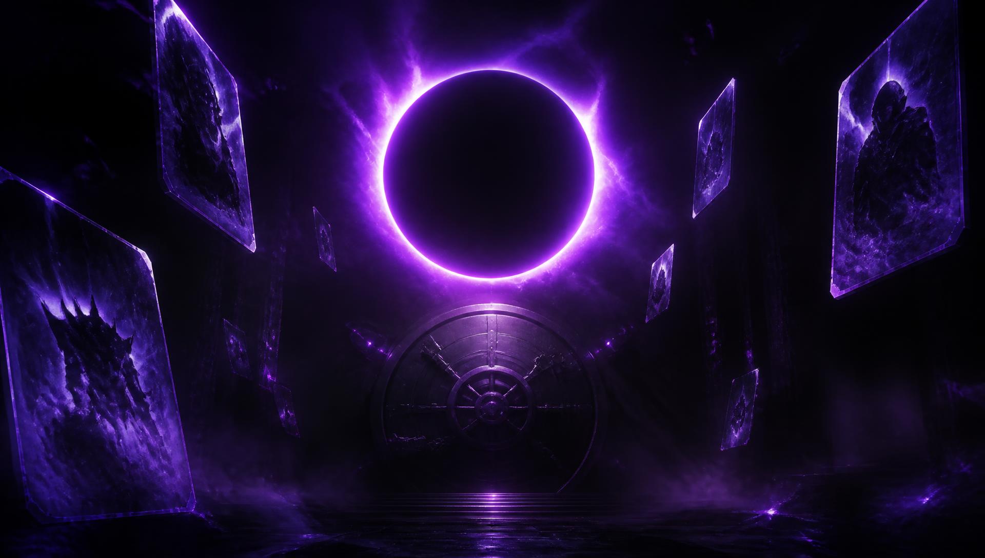 Glowing purple eclipse above a black vault door