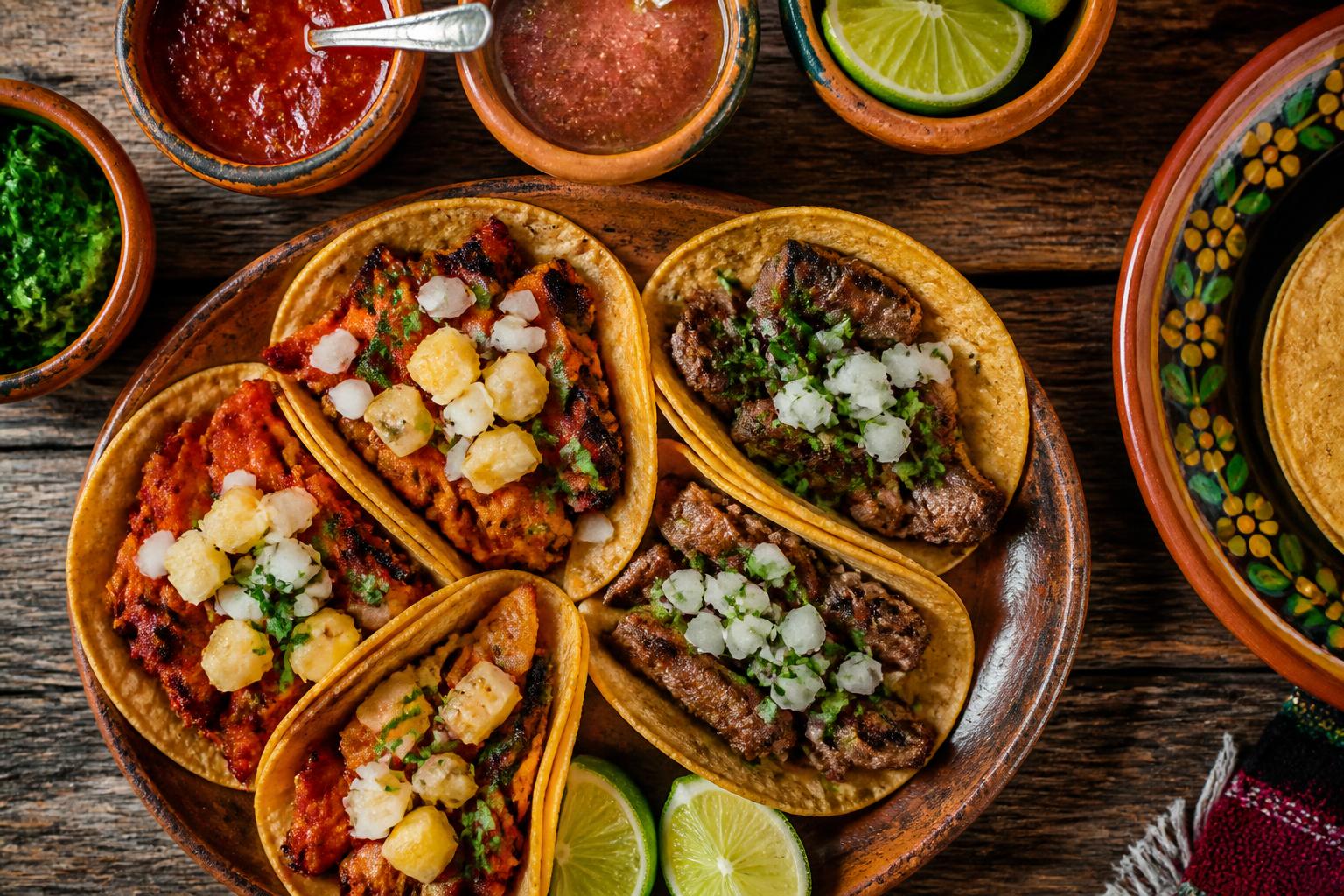 Authentic Mexican tacos with salsa, lime, and onion