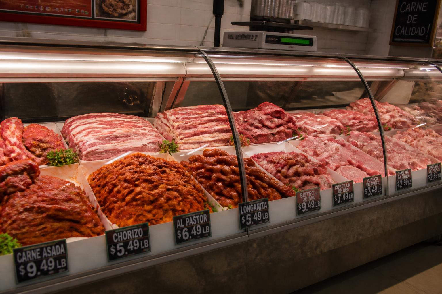 Fresh meat counter with carne asada, chorizo, longaniza and al pastor